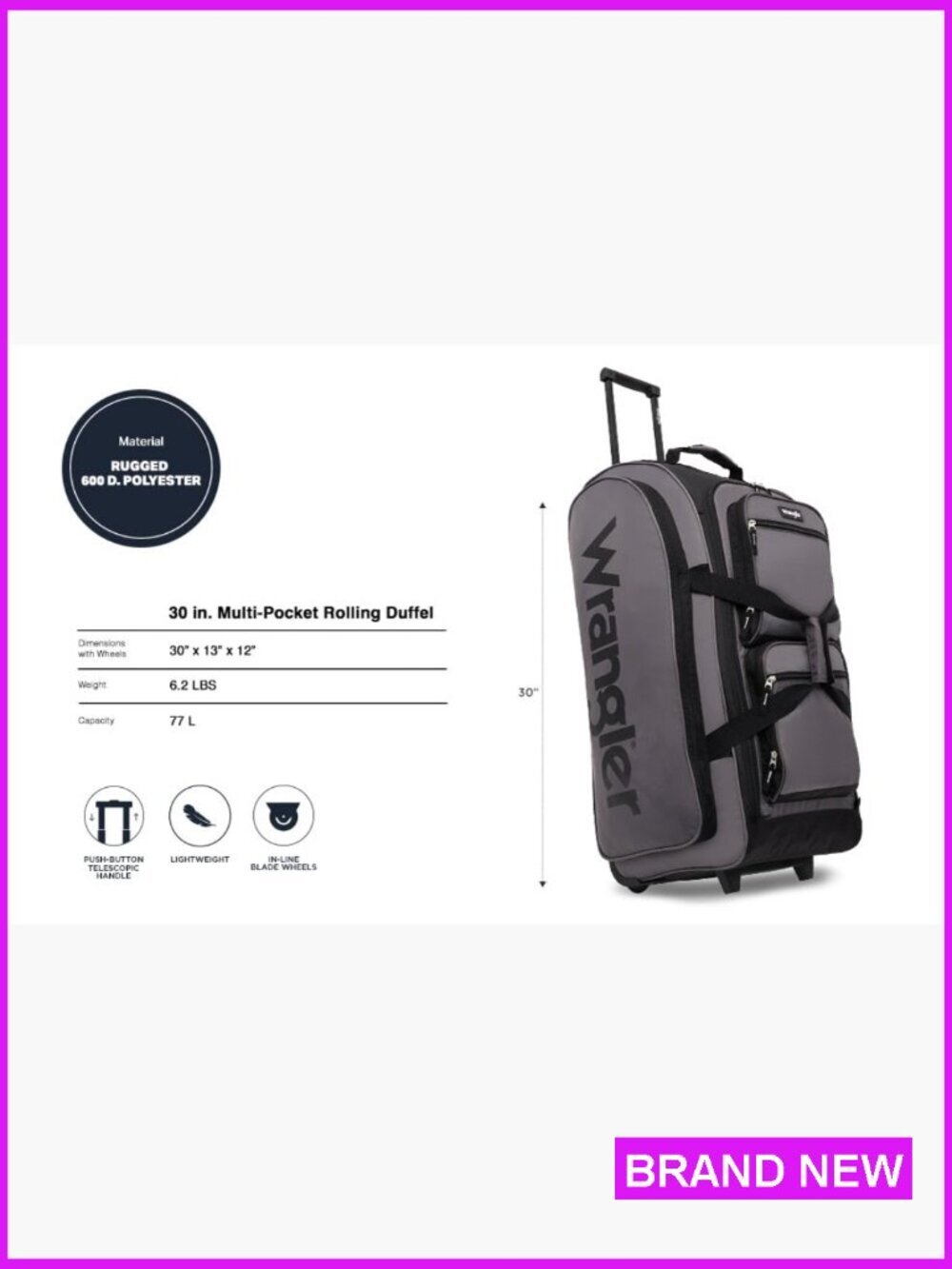 Rolling Duffel Bag Spacious Nylon Travel Gear 30-Inch Check-In Size Trolley - Picture 2 of 7